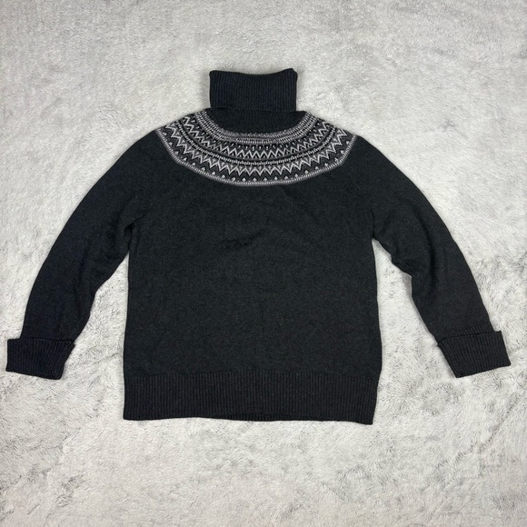 Talbots Fair Isle Nordic Sweater Turtleneck Beaded Sparkly Charcoal Grey Women L - Picture 1 of 8